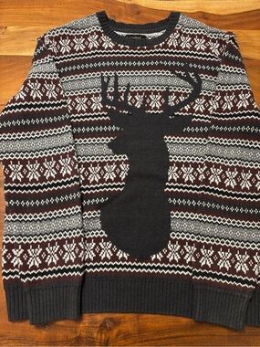 Men's Burgundy, Gray & Black Reindeer Crewneck Sweater Christmas